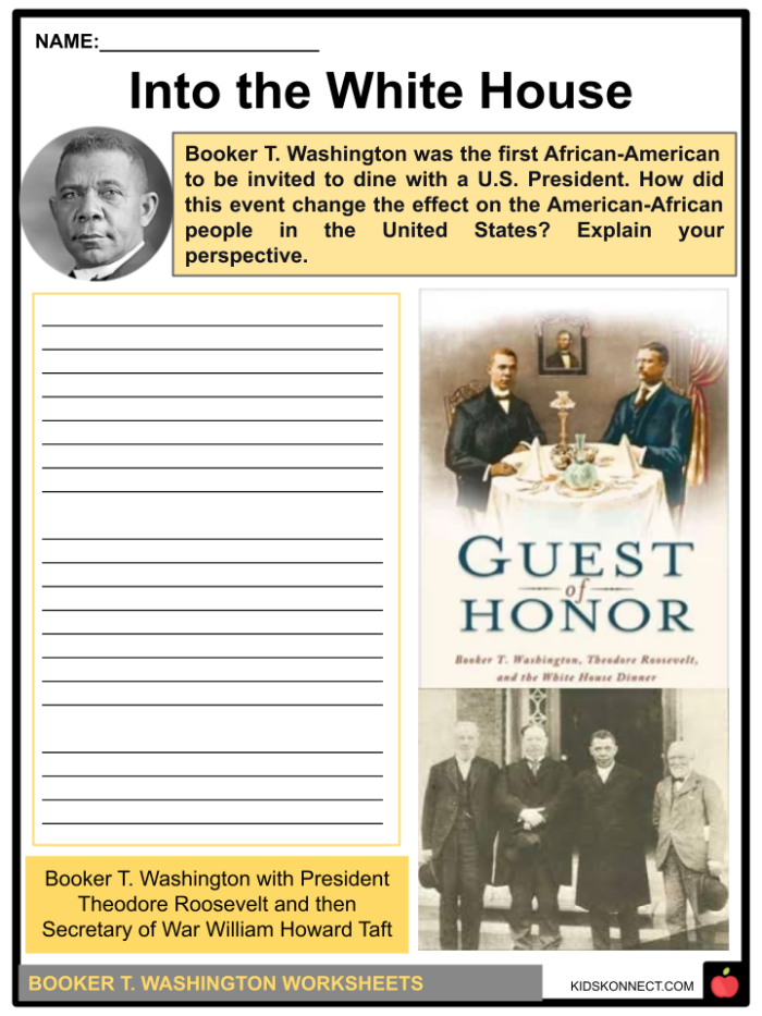 ALT text: Second grade worksheet about Booker T. Washington showing illustrations and writing prompts about his life and contributions to education and civil rights