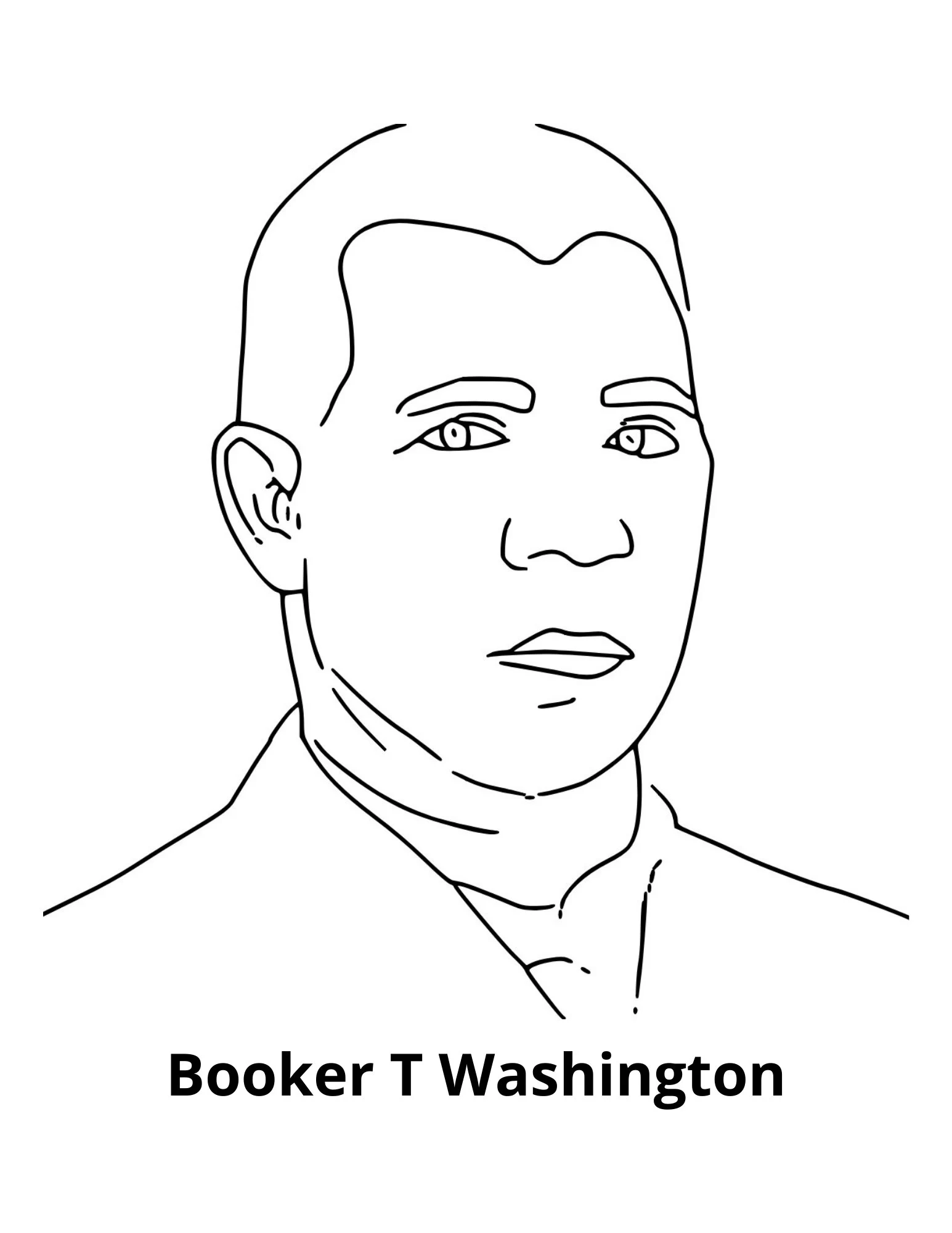 A portrait illustration of Booker T. Washington with text describing his life from slavery to founding Tuskegee University for African American students