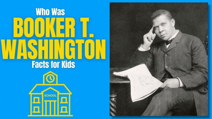 Second grade worksheet featuring Booker T. Washington with writing activities about his life and achievements as an educational leader and civil rights advocate