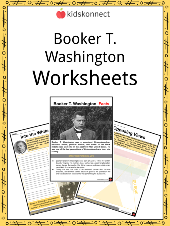 ALT text: Second grade worksheet featuring Booker T. Washington with writing prompts about his life and achievements as an educational leader and civil rights advocate