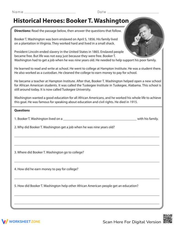 ALT text: Second grade worksheet featuring Booker T. Washington with writing prompts about his life and contributions to education and civil rights