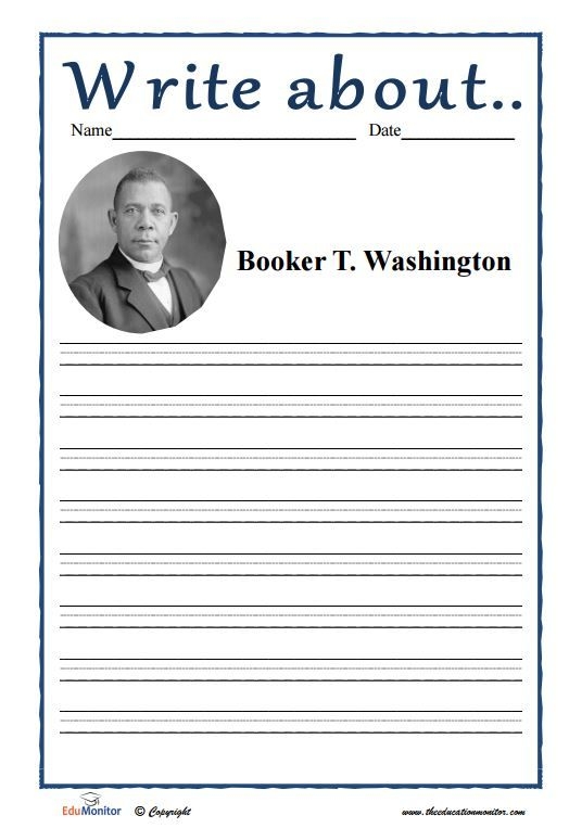 ALT text: Second grade worksheet showing Booker T. Washington as a historical hero who founded Tuskegee University and fought for African American education and civil rights