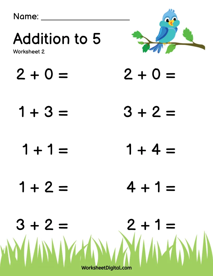 First Grade Adding Five worksheet showing simple addition problems with numbers up to 10