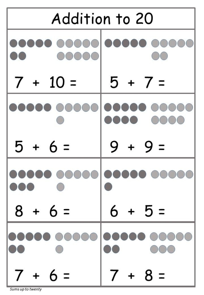 Addition to 20 worksheet for young learners practicing basic addition skills, image 17 First Grade math worksheet focused on addition problems up to 20 in the Time and Money category