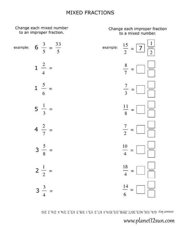 Fifth grade math worksheet with colorful mixed and improper fractions exercises