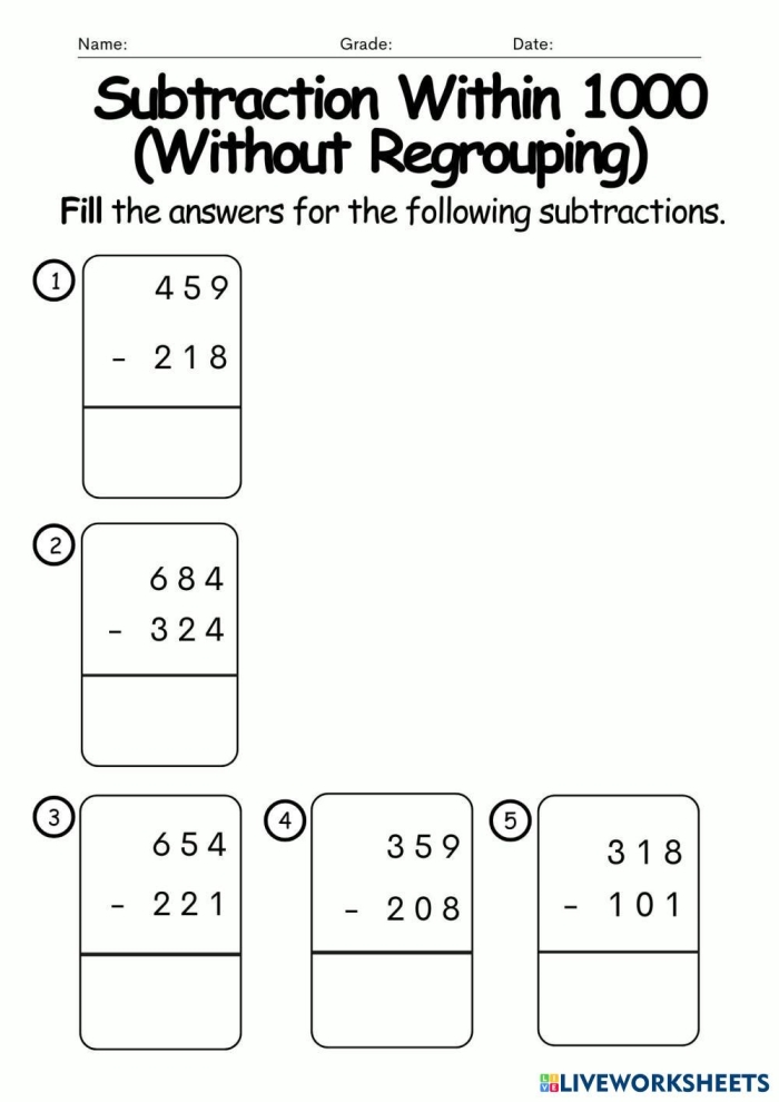 Second grader completing a subtraction within 1000 check-in worksheet with three-digit problems