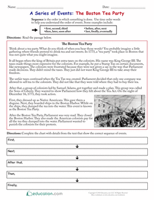 Third grade worksheet showing the sequence of events in the Boston Tea Party