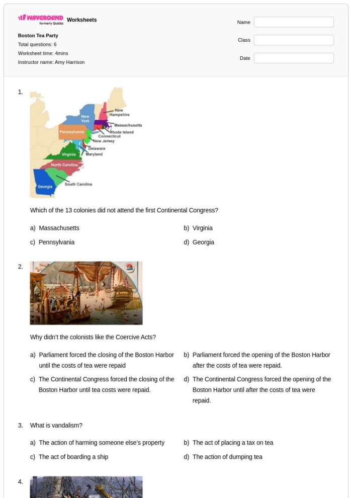 Third grade worksheet on the Boston Tea Party focusing on sequencing events in phonics