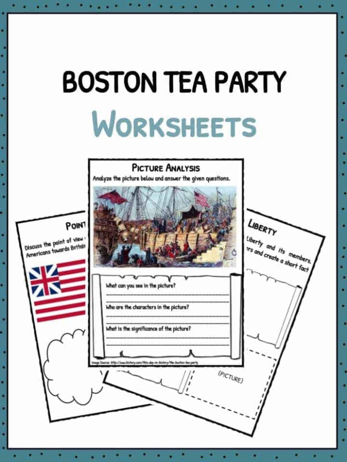 Third grade worksheet illustrating the sequence of events during the Boston Tea Party