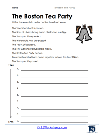 Third grade phonics worksheet on the Boston Tea Party and sequencing events