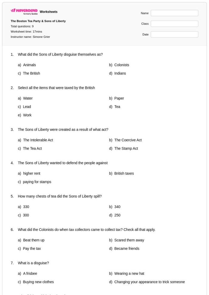 Third grade worksheet on the Boston Tea Party focusing on sequencing events