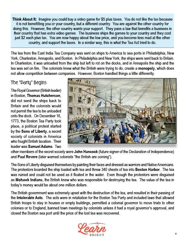 Third grade phonics worksheet on the Boston Tea Party and sequencing events