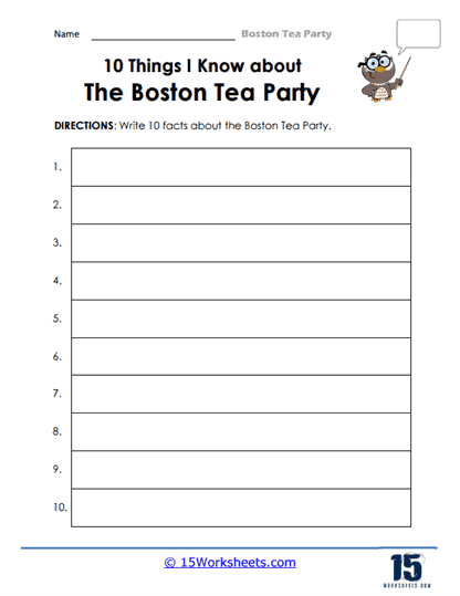 Third grade worksheet illustrating the sequence of events in the Boston Tea Party