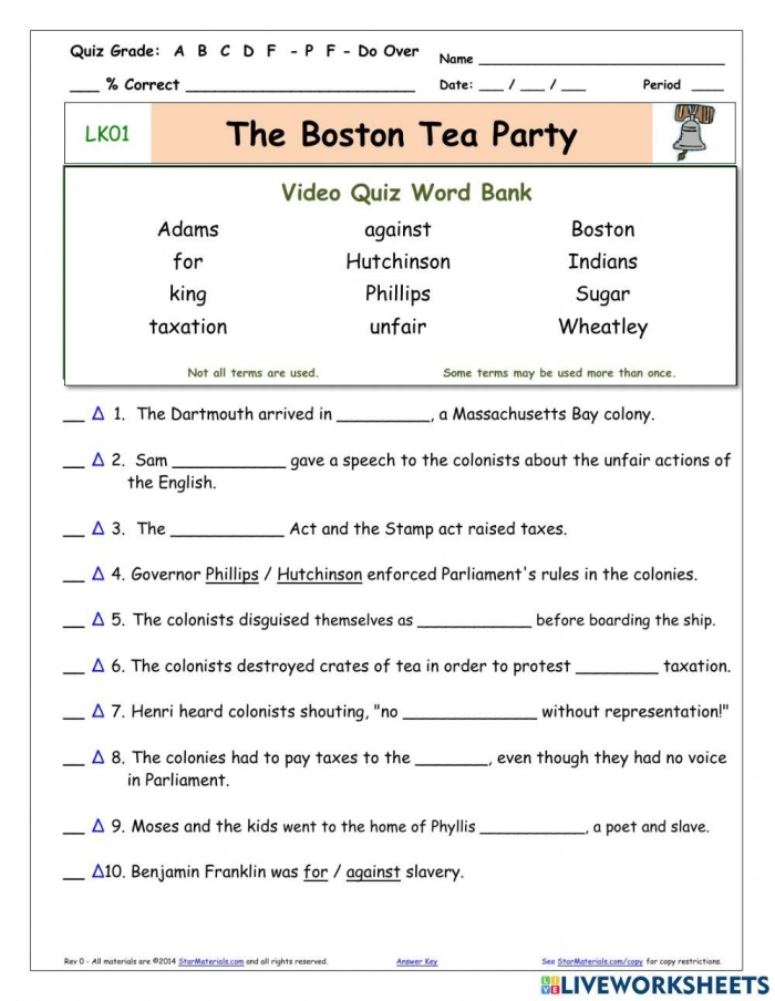 Third grade worksheet on the Boston Tea Party showing a sequence of historical events