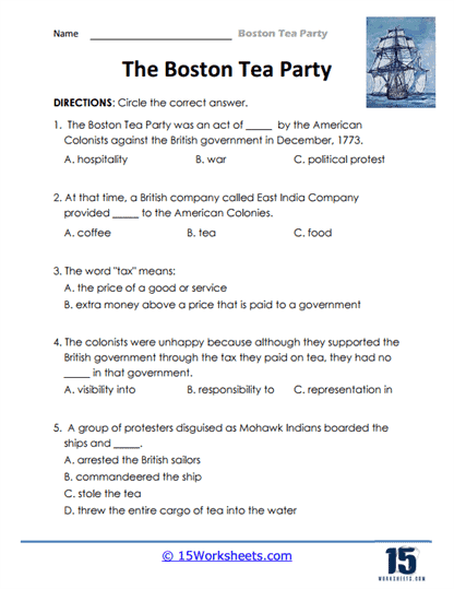Boston Tea Party worksheet for third grade phonics showing a timeline of historical events
