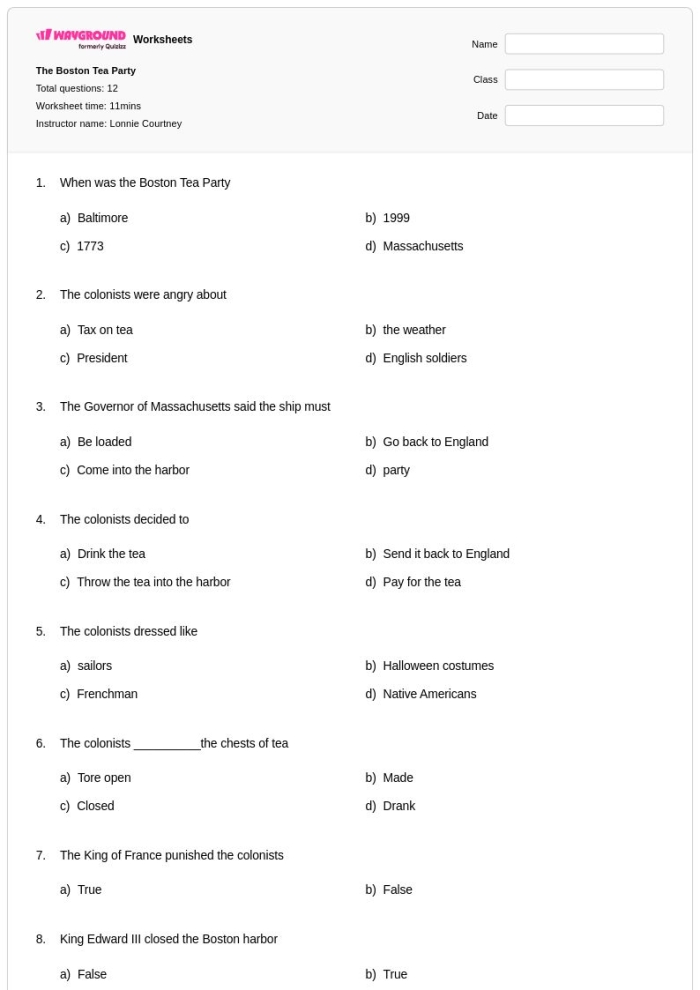 Third grade worksheet showing a timeline of the Boston Tea Party events for phonics practice