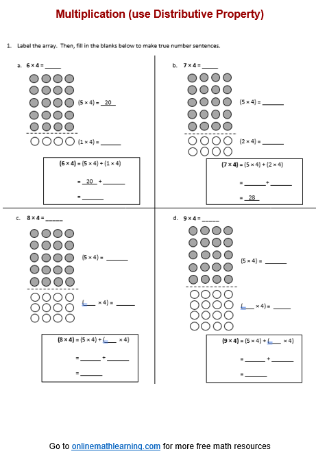 Worksheet featuring the distributive property for third-grade math practice