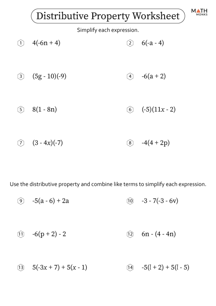 Worksheet featuring the distributive property for third graders to enhance their multiplication skills