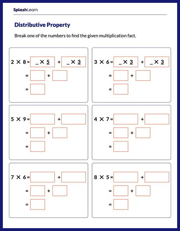 Worksheet featuring exercises on the distributive property for third-grade students