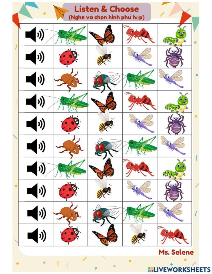 First Grade Bug and Spider Identification Handwriting Activity Colorful worksheet featuring common bugs and spiders for identification practice