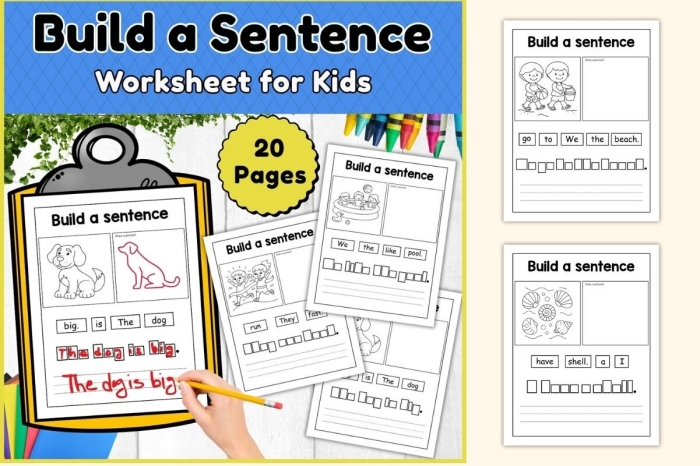 Printable worksheet for building complete sentences in physical science for second-grade students Build a Sentence worksheet designed for second graders to enhance their sentence construction skills