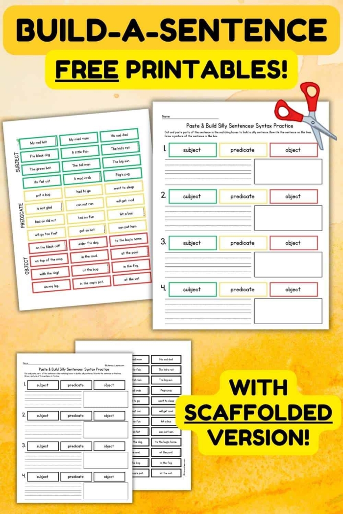 Printable worksheet designed to help children practice building complete sentences Build a Sentence worksheet for second graders focusing on sentence construction skills
