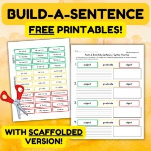 Printable worksheet to help children practice building complete sentences Build a Sentence worksheet for second graders focusing on sentence construction skills