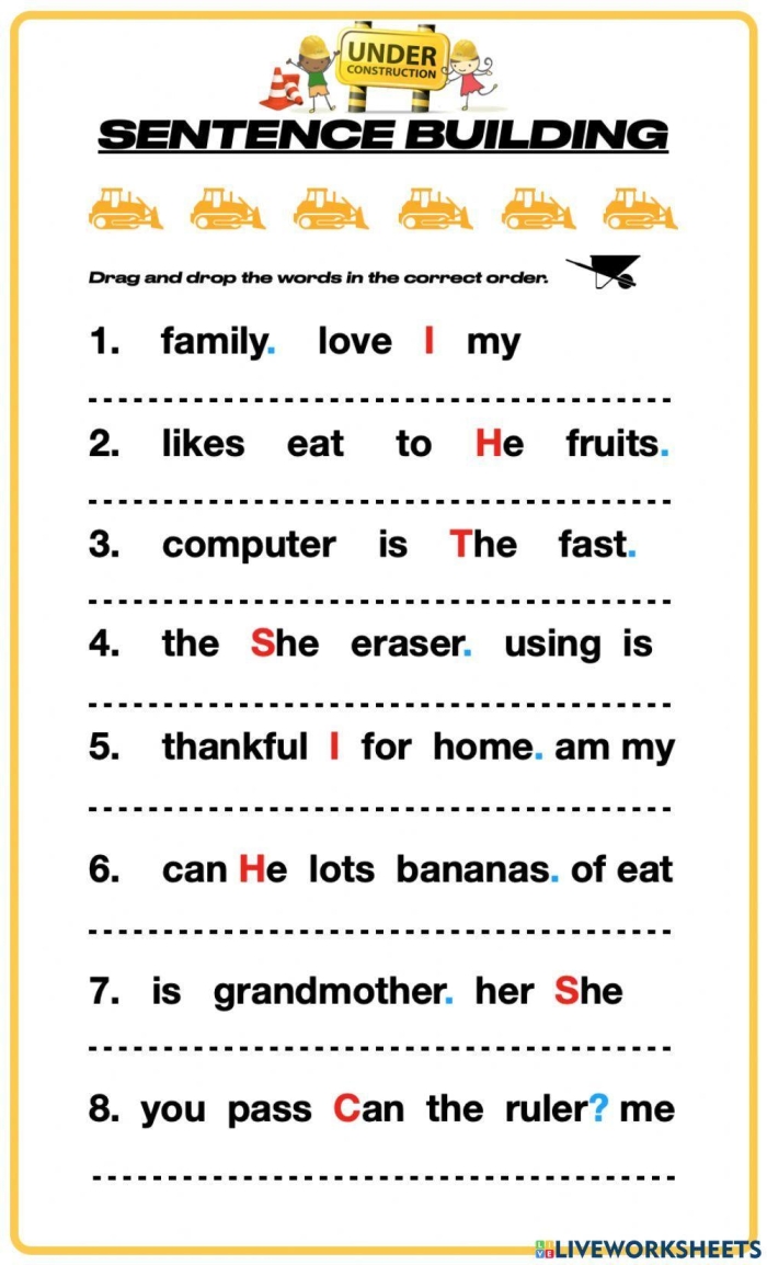 Printable worksheet to enhance sentence building in young learners Build a Sentence worksheet for second graders focusing on sentence construction skills
