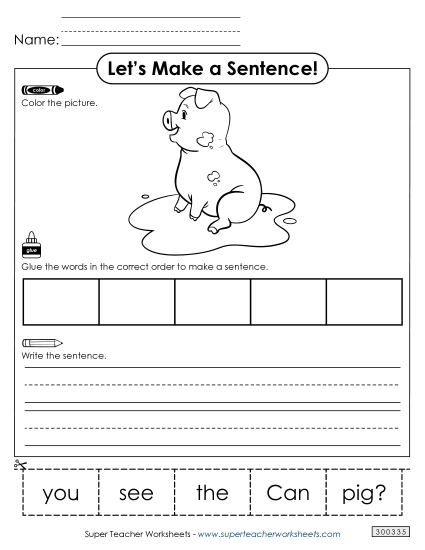 Printable activity sheet designed to enhance sentence building abilities in children Build a Sentence worksheet for second graders focusing on sentence construction skills
