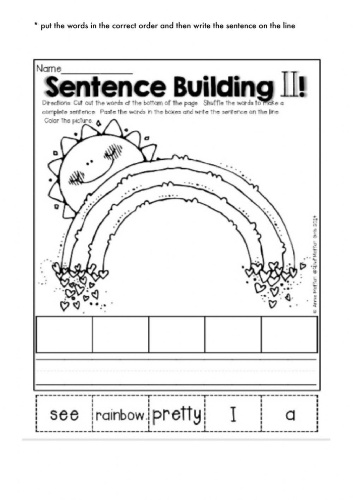 Printable worksheet designed to help children build complete sentences in physical science Build a Sentence worksheet for second graders focusing on sentence construction skills