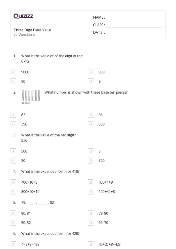 Place Value Mat worksheet showing three-digit numbers for second grade math practice