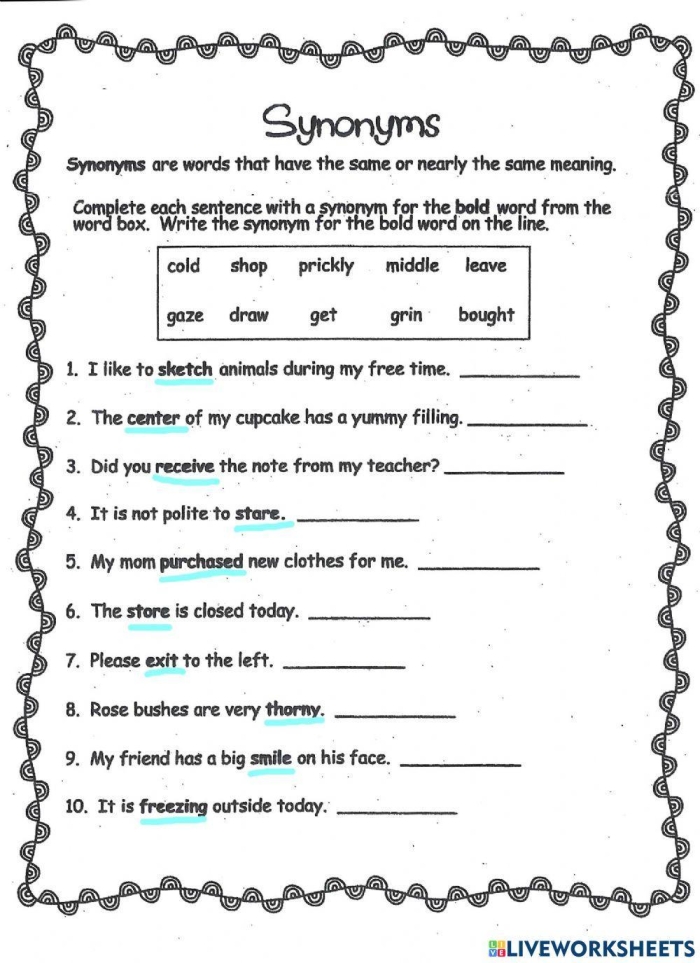Worksheet featuring kids identifying synonyms and antonyms with fun illustrations