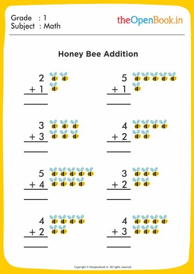 Bumble Bee Addition worksheet for practicing three- and four-digit sums, image 5 Fourth Grade Bumble Bee Addition worksheet with 12 multi-digit addition problems