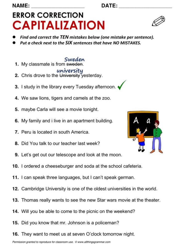 Correct the Capitalization Practice Exercise 16 for Elementary Grammar Skills First grade student worksheet showing sentences that need capitalization corrections with blank lines for answers