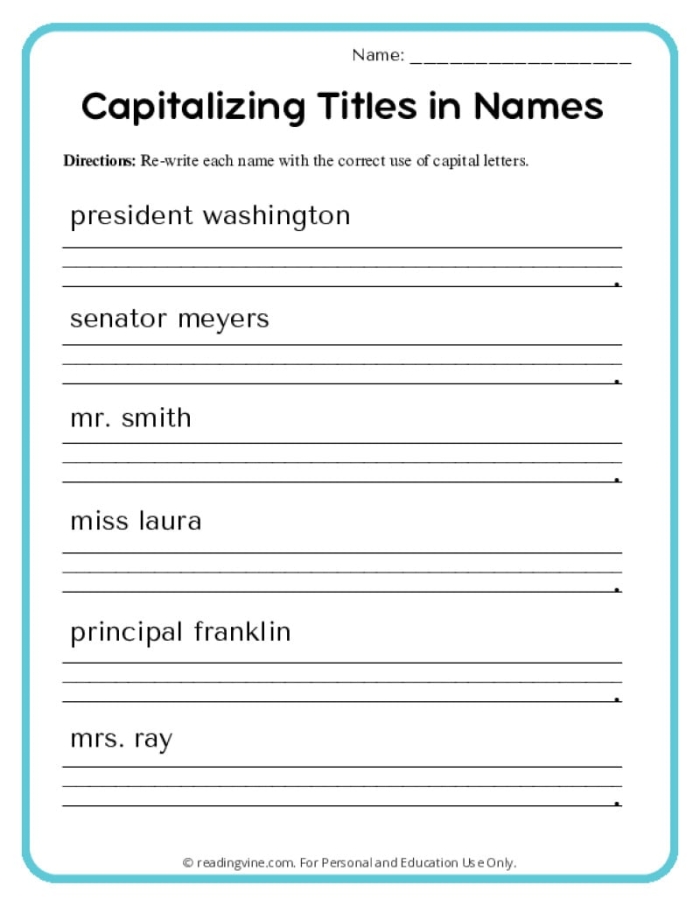 Fourth Grade worksheet on capitalizing and punctuating titles with examples and exercises