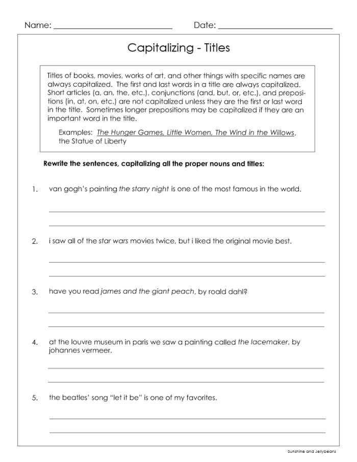 Fourth grade math puzzle worksheet teaching capitalization and punctuation of titles and headings