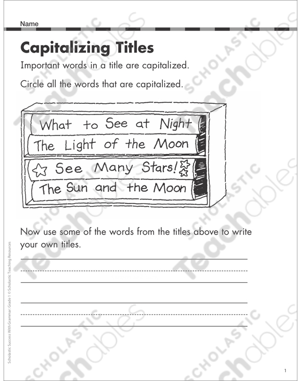 Fourth grade math puzzle worksheet focusing on capitalizing and punctuating titles and headings