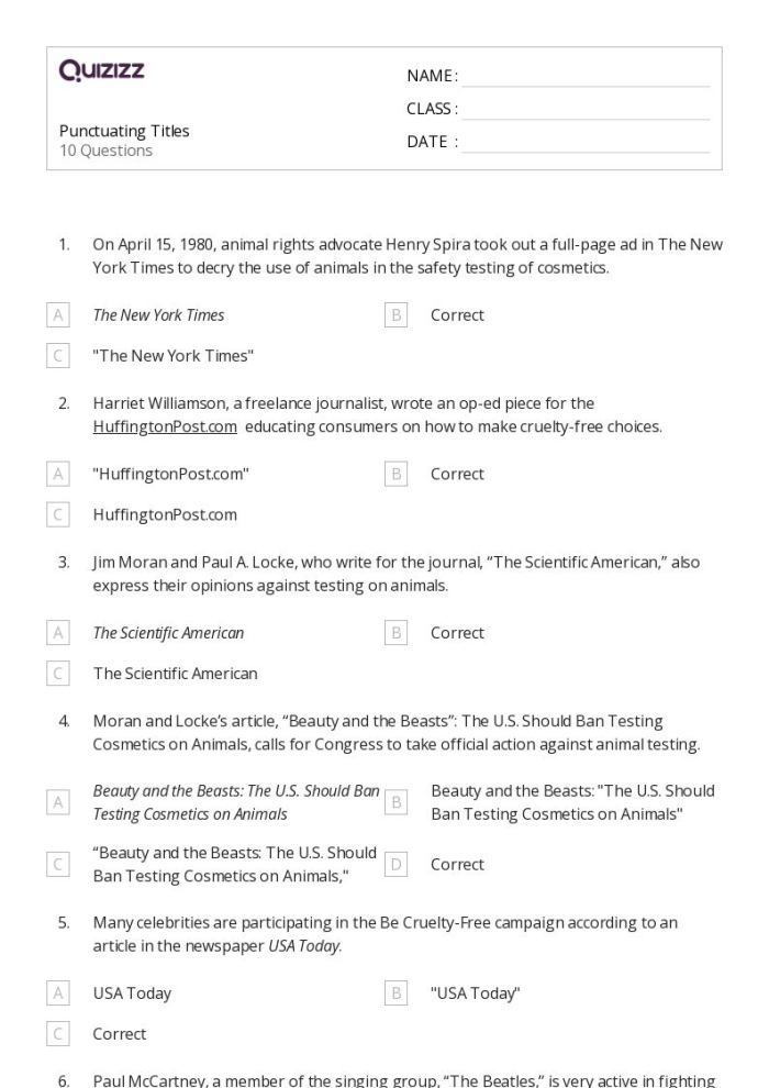 Fourth grade worksheet focused on capitalizing and punctuating titles and headings in math puzzles
