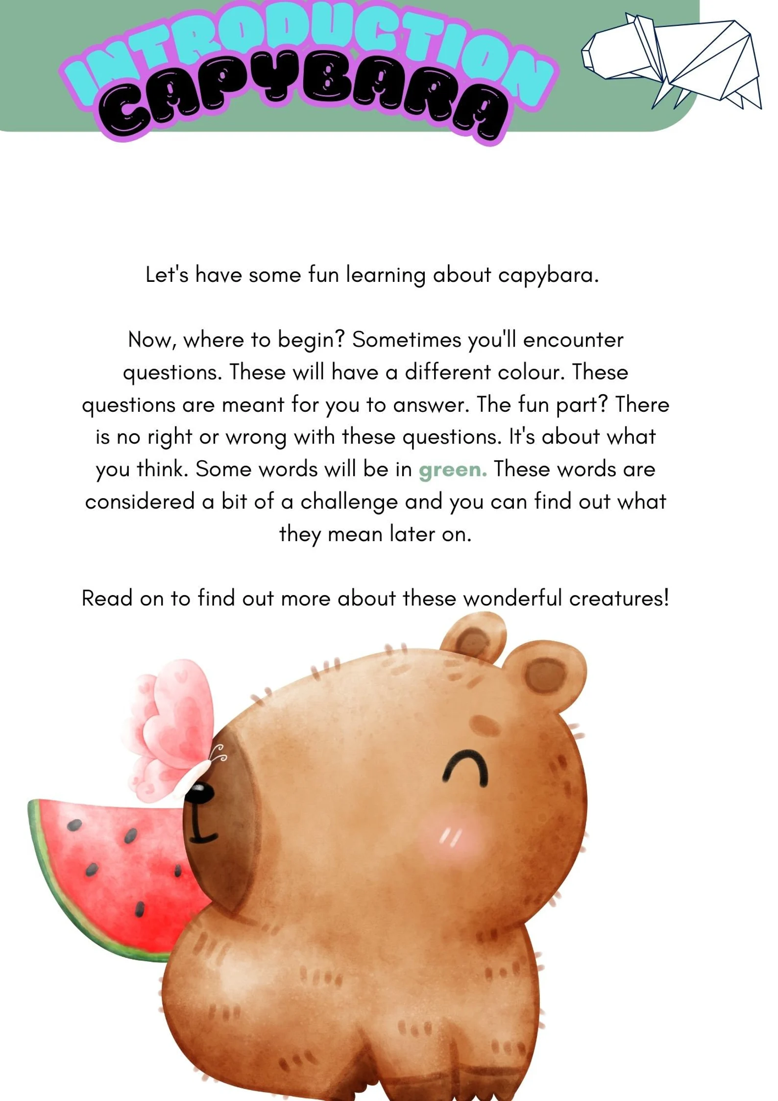 A worksheet featuring fun facts about capybaras for second graders