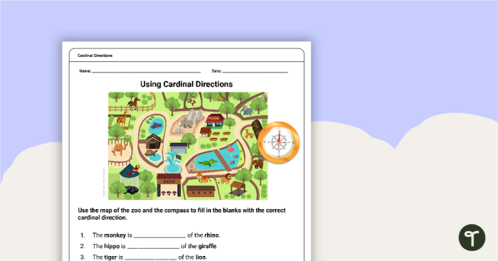 Introducing young learners to basic geography with a fun directions activity for second graders Second Grade Cardinal Directions worksheet showing north, south, east, and west for beginners