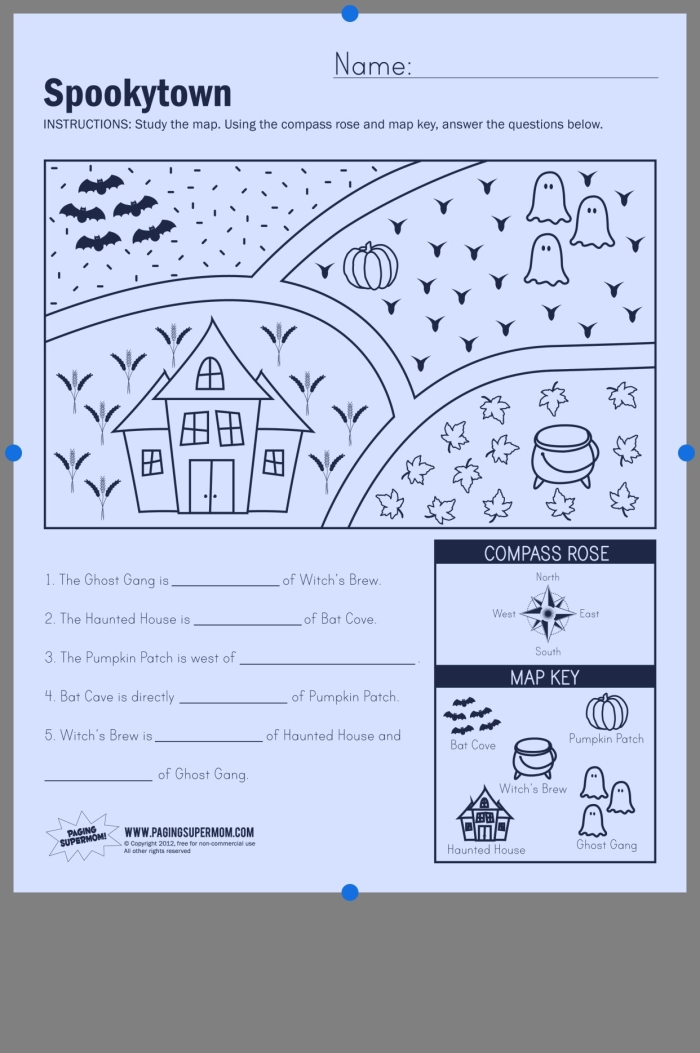 Cardinal Directions activity sheet for beginning geography students in second grade, image 8 Second Grade Cardinal Directions worksheet showing north, south, east, and west for young learners