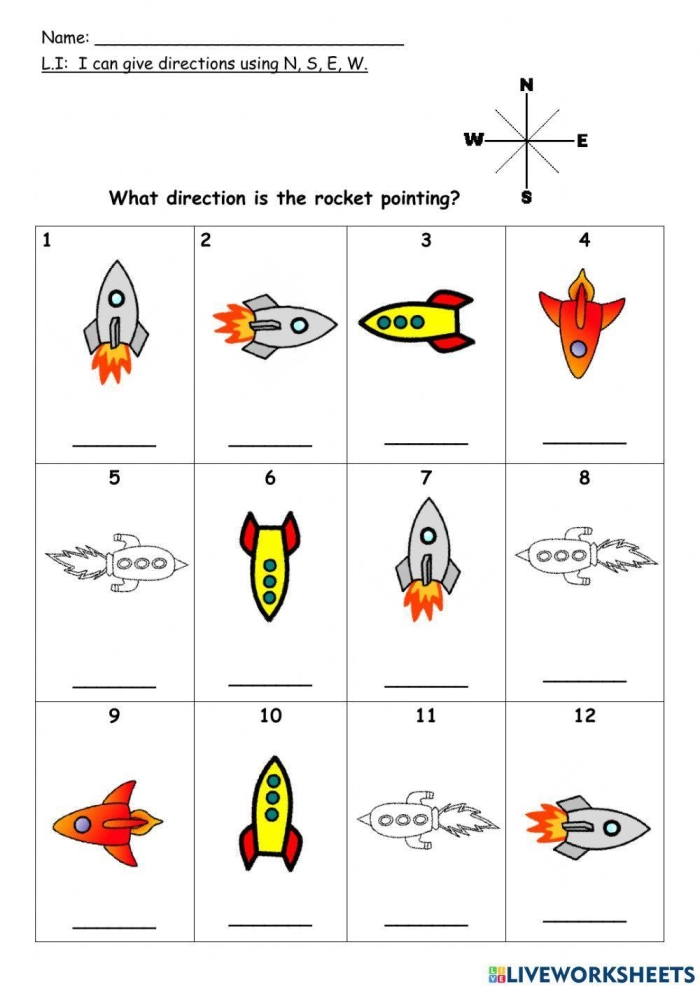 Cardinal Directions activity for young geography learners in grade two, image 24 Second grade Cardinal Directions worksheet showing north, south, east, and west