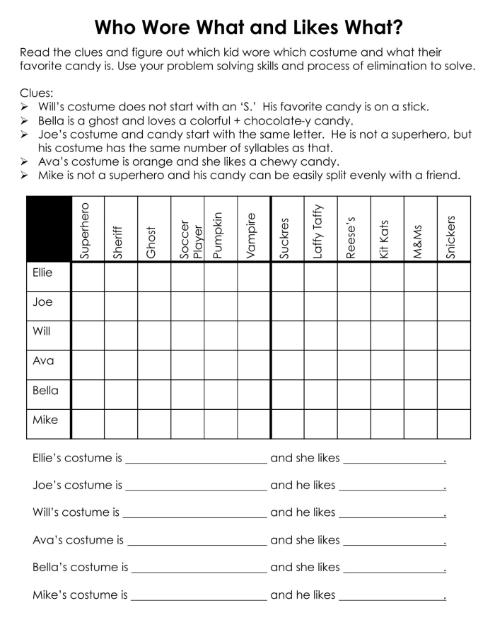 Carnival Conundrum worksheet featuring mixed operations for middle school logic challenges Sixth grade students solving the Carnival Conundrum logic puzzle with clues and grids