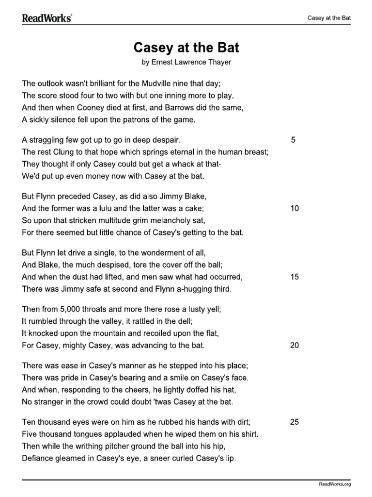 Fourth grade students reading the Casey at the Bat poem worksheet