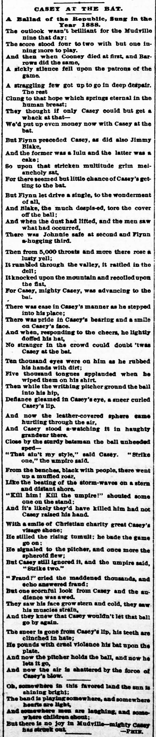 Casey at the Bat Poem worksheet for fourth grade reading comprehension