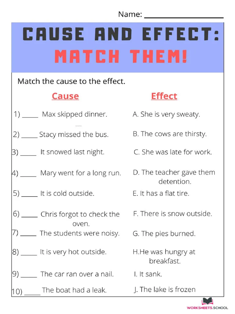 Printable Cause and Effect Worksheets for Fourth Grade First