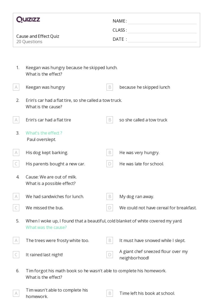Funny first day of school cause and effect activity for fourth grade students Fourth grader working on a cause and effect worksheet about the first day of school