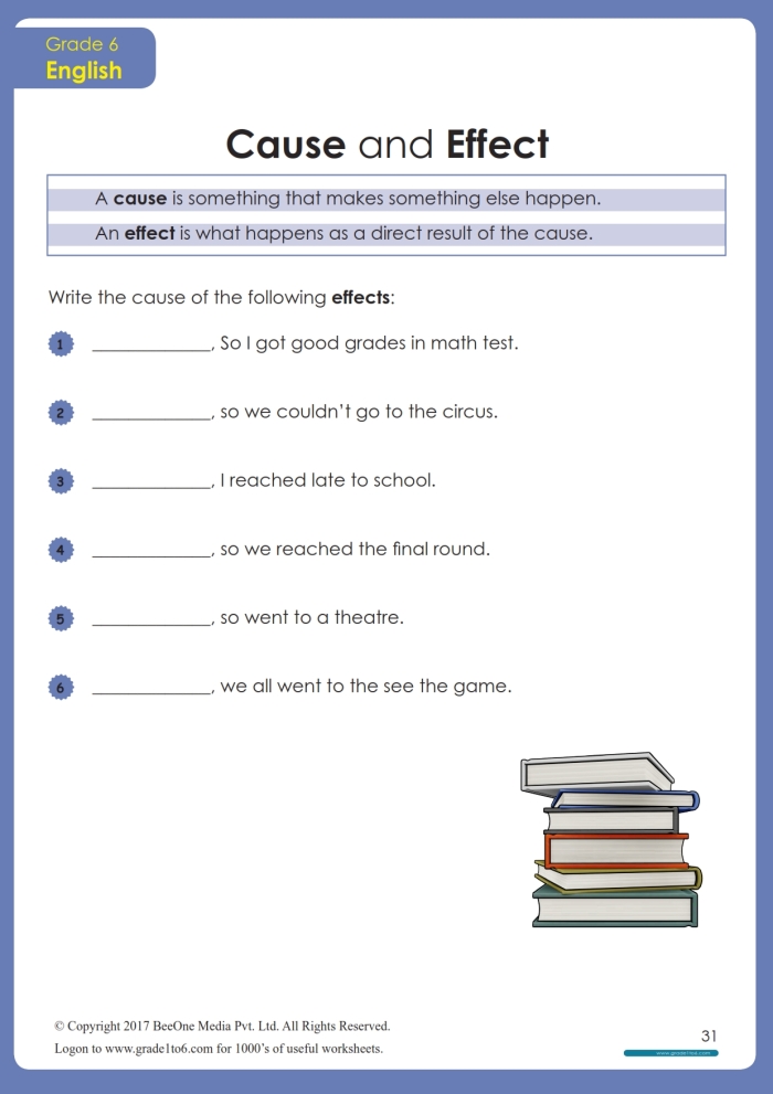 Cause and effect practice worksheet for the challenging first day of school scenario, image 19 Fourth grade worksheet focusing on cause and effect using a humorous first day of school story