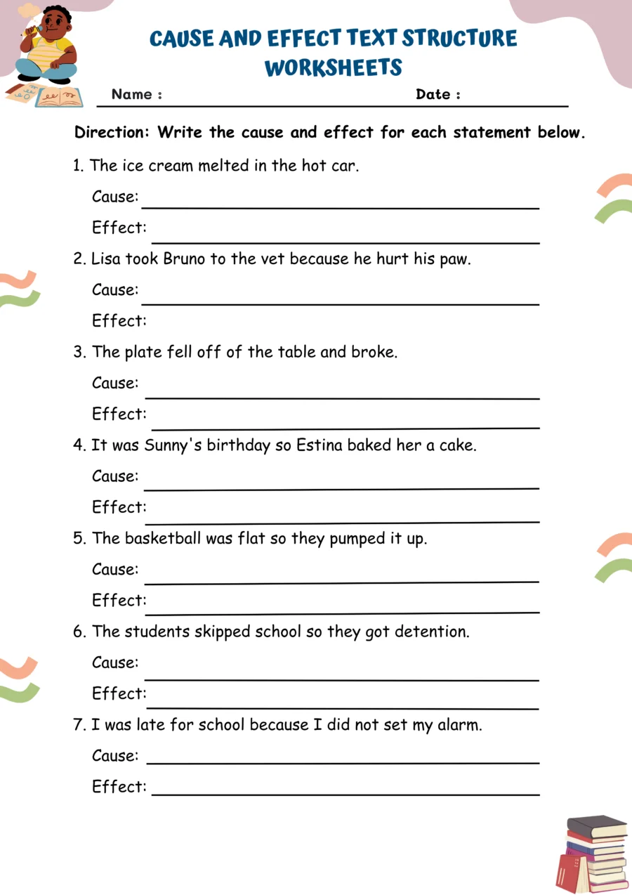 Engaging cause and effect activity for the first day of school story, worksheet number 6 Fourth grade students working on a cause and effect worksheet about the first day of school