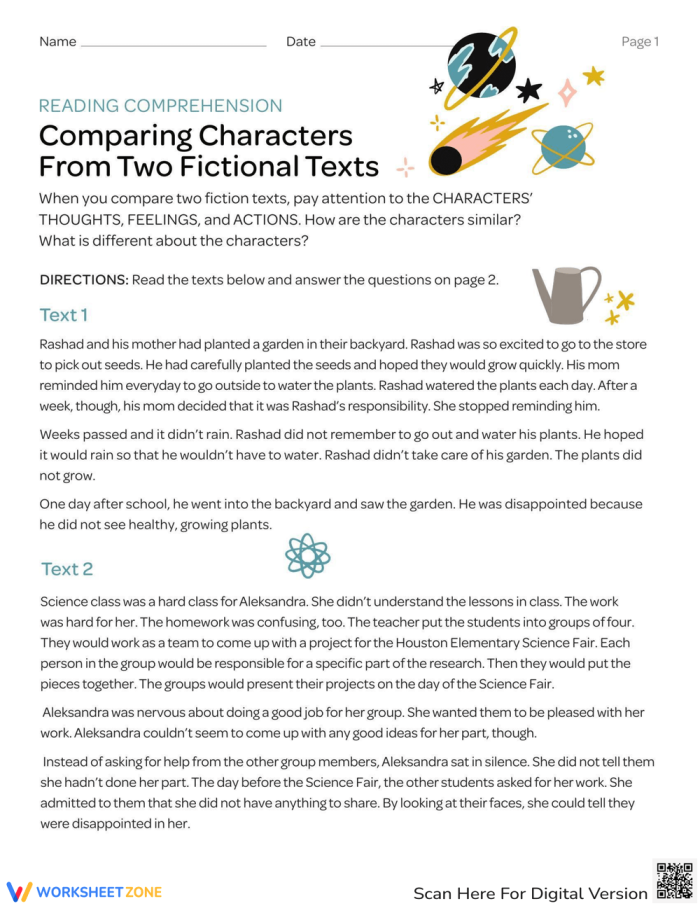 Third grade students comparing characters in two stories on a worksheet